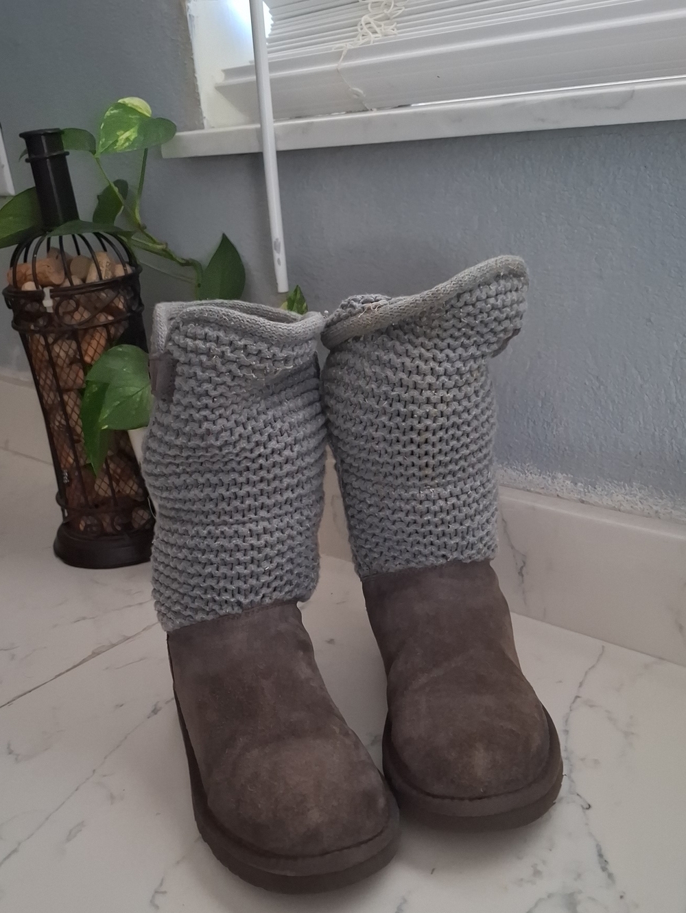 UGG Kids Gray Knit Cuff Suede Boots
